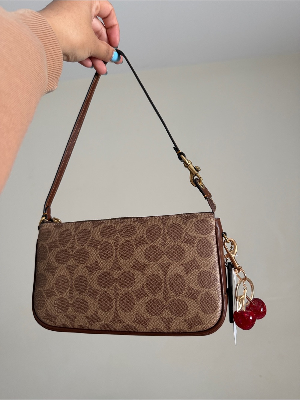 Brown Signature Logo Shoulder Bag with Cherry Charm